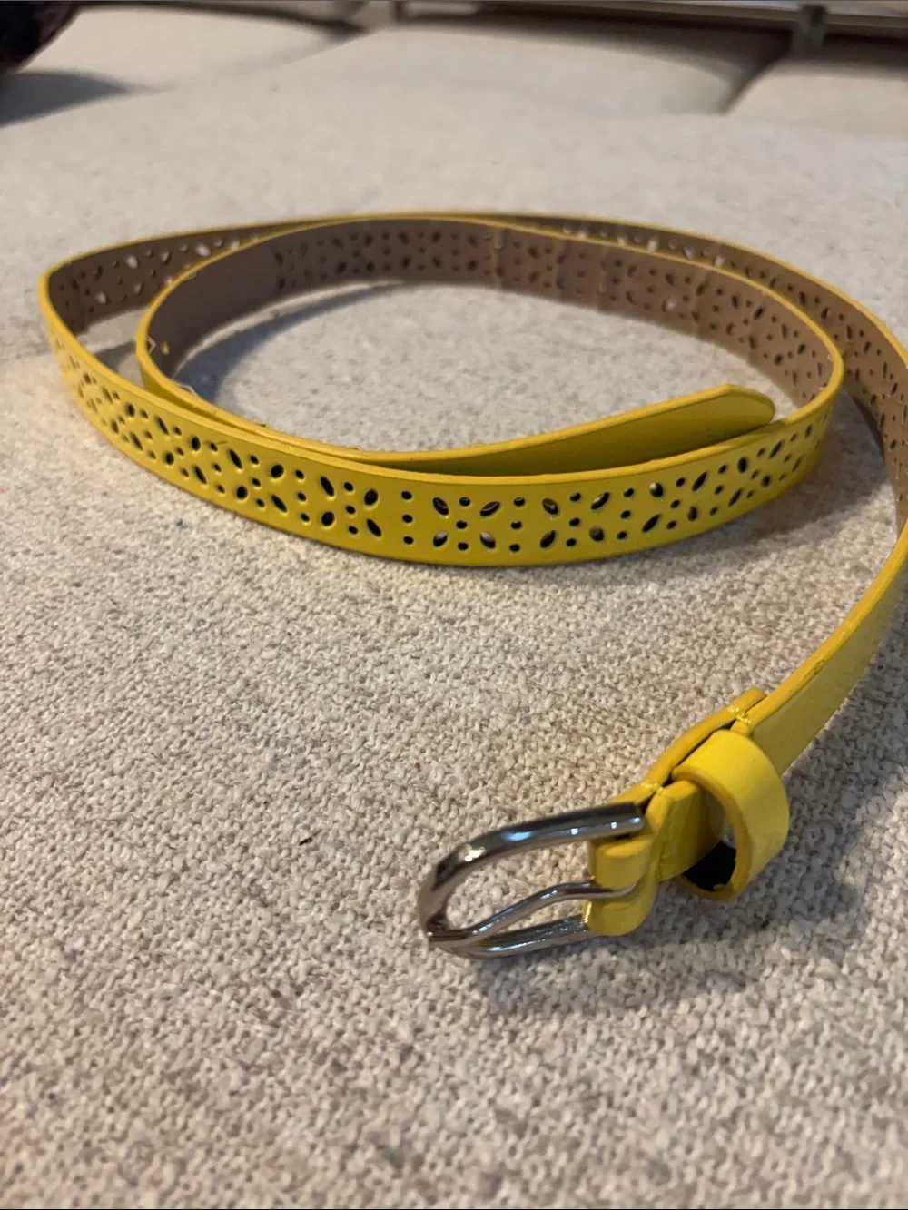 Women's Yellow Slim Leather Belt with Perforated Detail